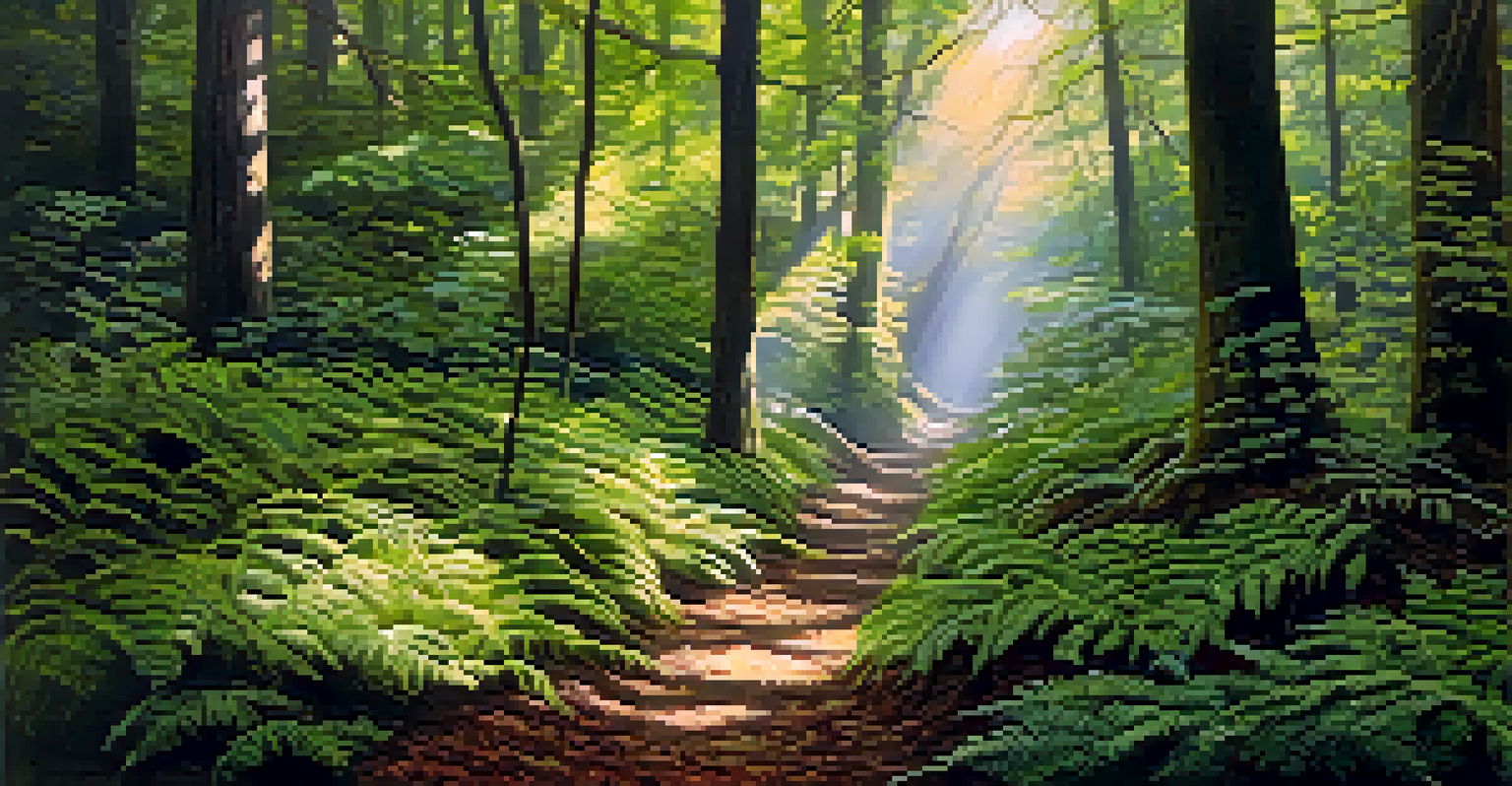 A peaceful woodland path with sunlight filtering through trees, highlighting moss and ferns on the forest floor.