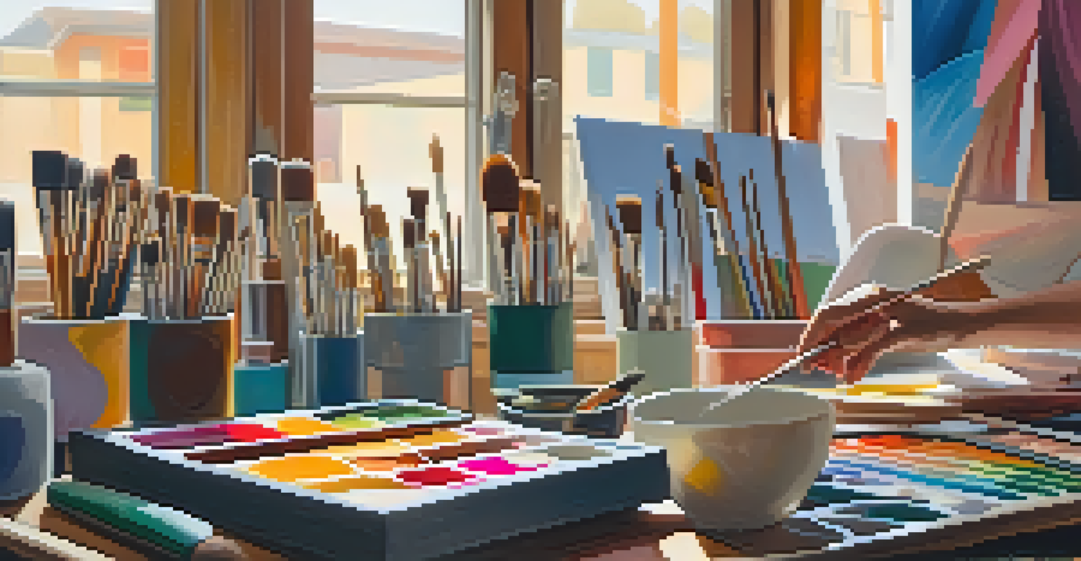 Close-up of hands with paintbrushes, surrounded by colorful palettes and canvases in a sunlit artist's workspace.