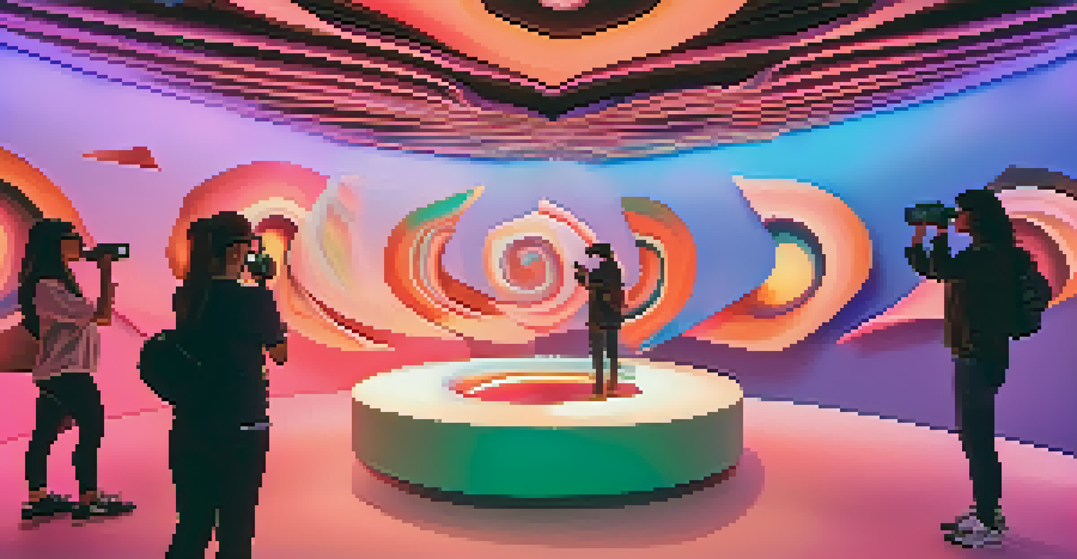 A virtual reality art installation with swirling colors and floating shapes, inviting viewer interaction in a dynamic space.
