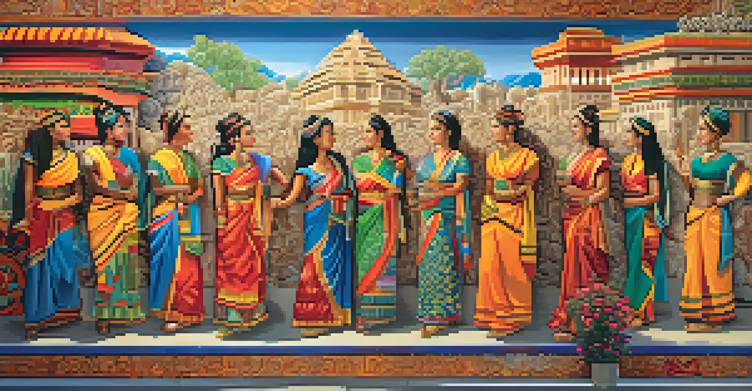 A contemporary mural blending modern styles with ancestral techniques, depicting interconnected figures in vibrant colors and intricate patterns under bright sunlight.