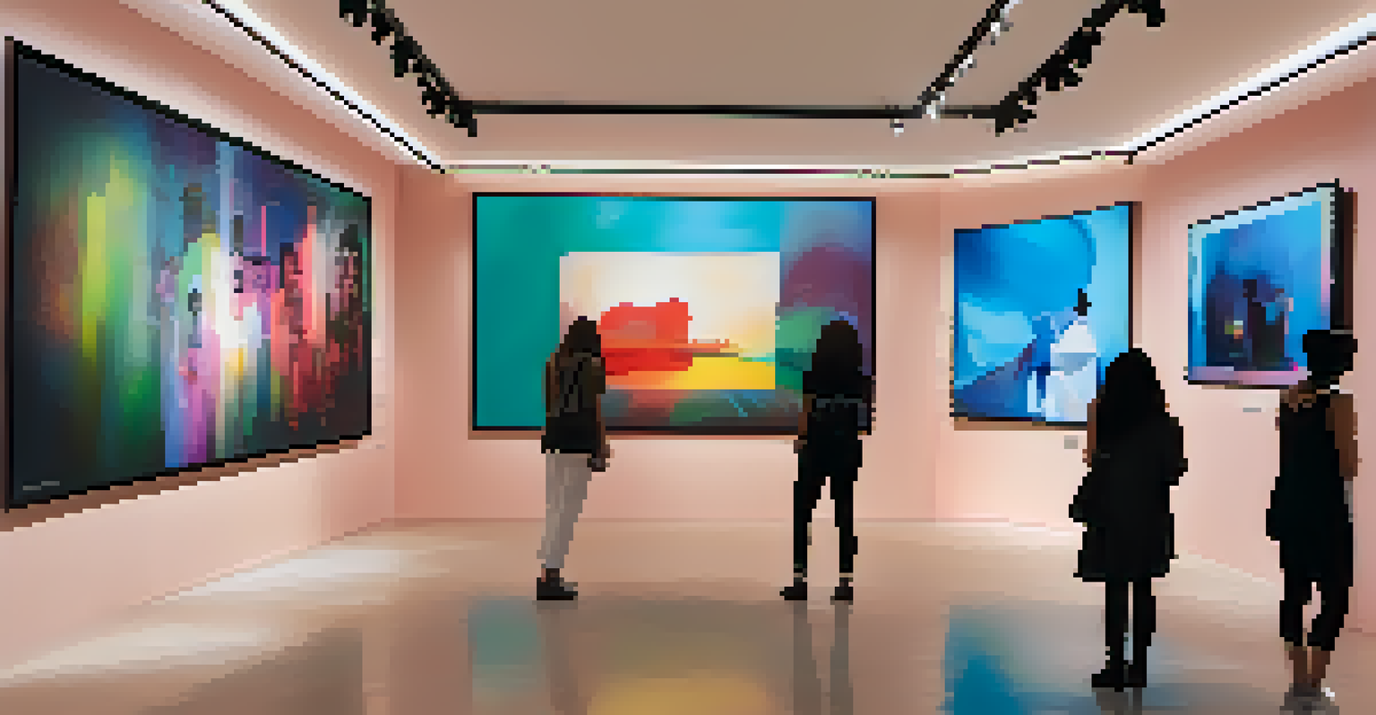 A modern art gallery showcasing digital works by women artists, with visitors interacting with the artworks displayed on screens.