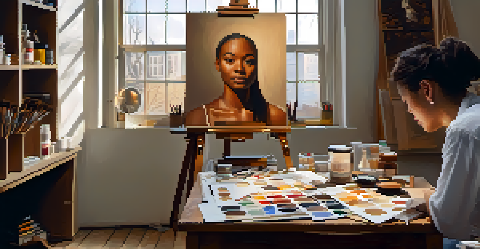 An artist's workspace with a palette of skin tone colors and an unfinished portrait on a canvas, illuminated by warm light.