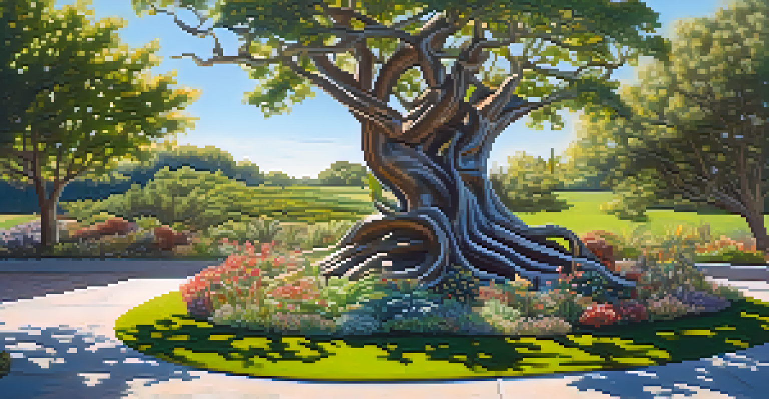 A living sculpture in the shape of a tree made from plants, surrounded by blooming flowers. Sunlight filters through the leaves, casting shadows on the ground.