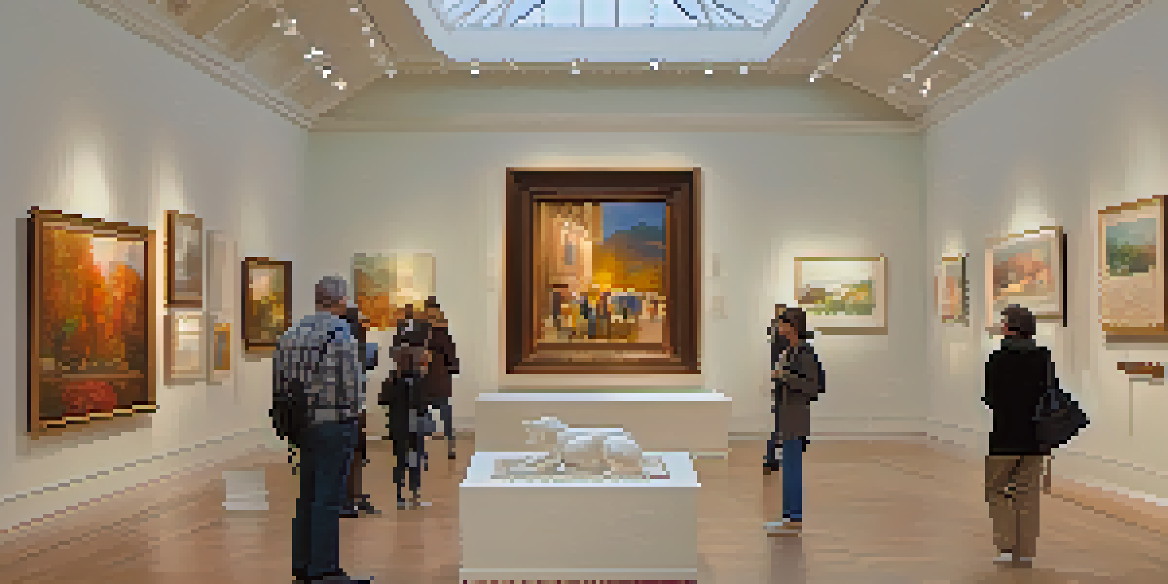 A bright and serene art gallery filled with various artworks, with visitors admiring the pieces under natural light.