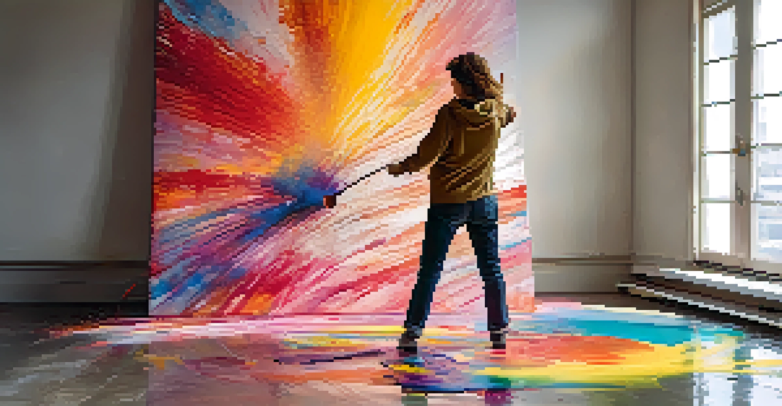 An artist pouring paint onto a large canvas in a studio, with vibrant colors splashing through the air, illuminated by natural light.