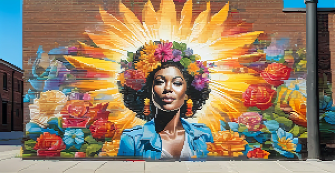 A colorful street mural of a strong female figure with a megaphone, surrounded by flowers, on a brick wall.