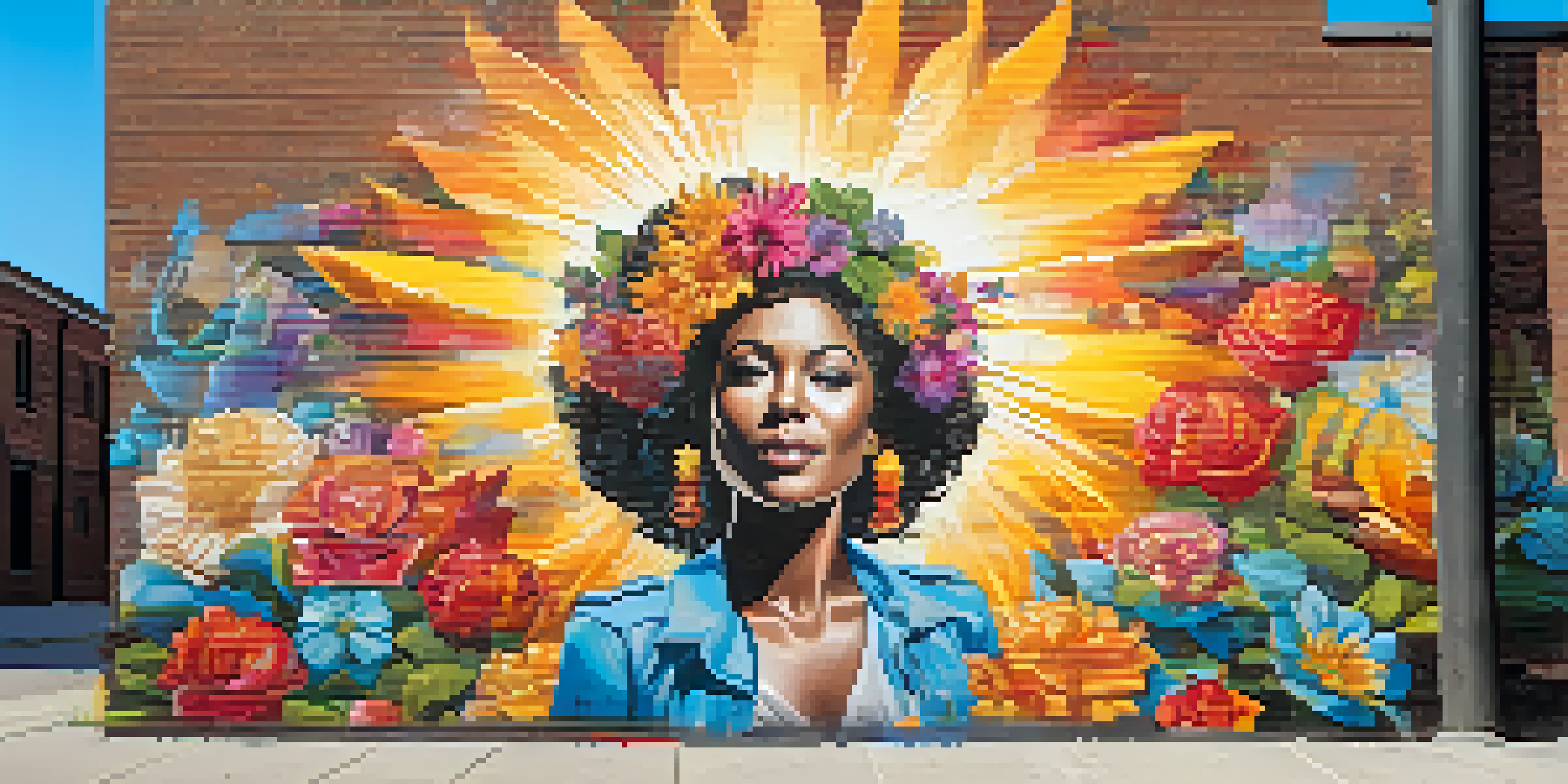 A colorful street mural of a strong female figure with a megaphone, surrounded by flowers, on a brick wall.