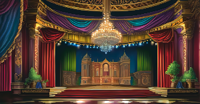 A colorful theater stage set with detailed backdrops and props, illuminated by warm lighting.