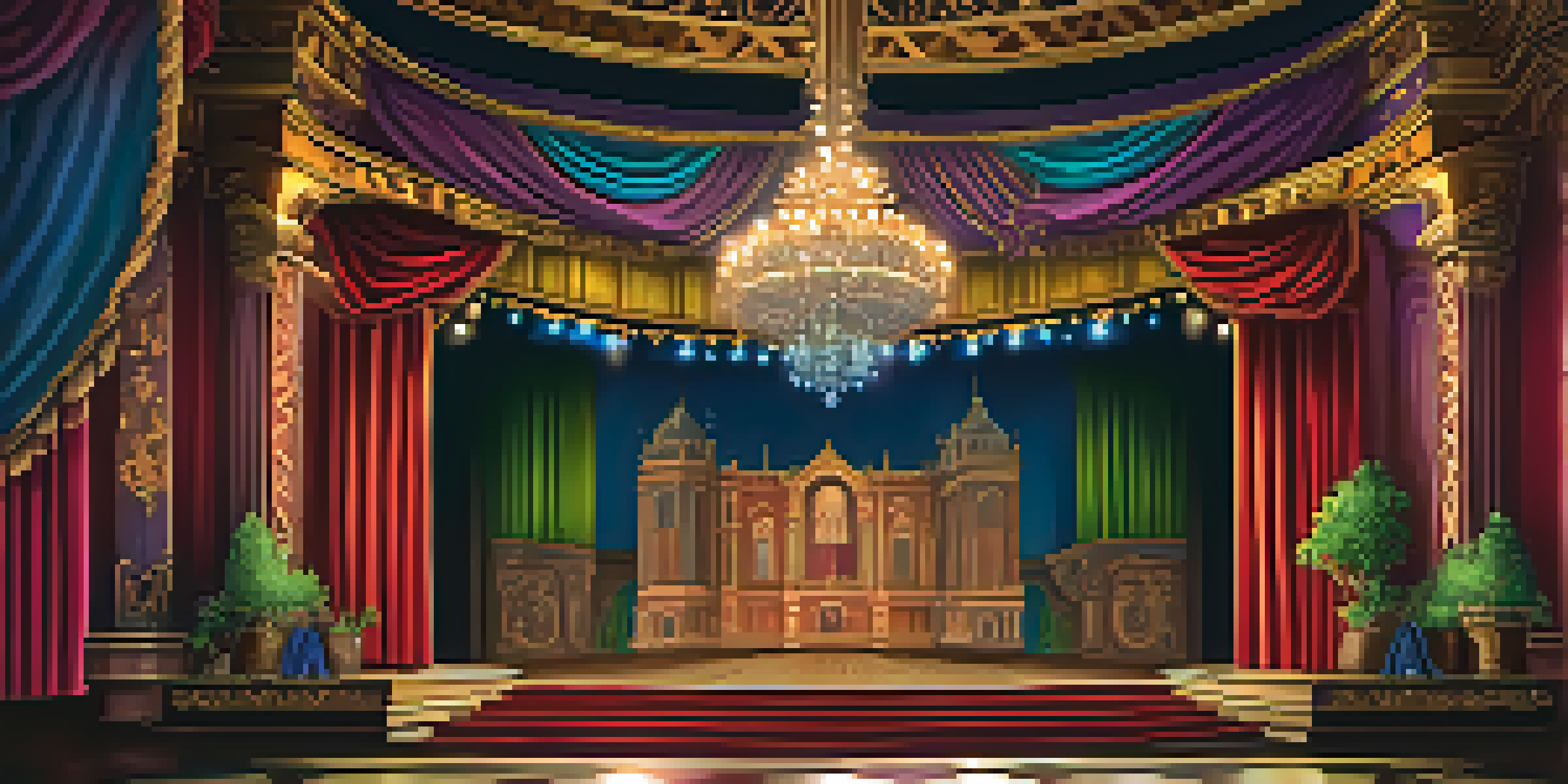 A colorful theater stage set with detailed backdrops and props, illuminated by warm lighting.