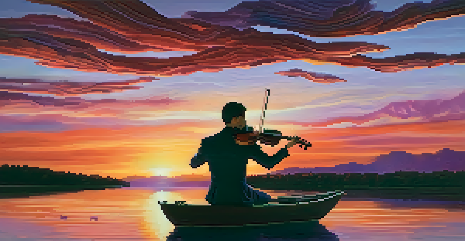 A sunset over a lake with a musician playing violin, colors swirling from the instrument.