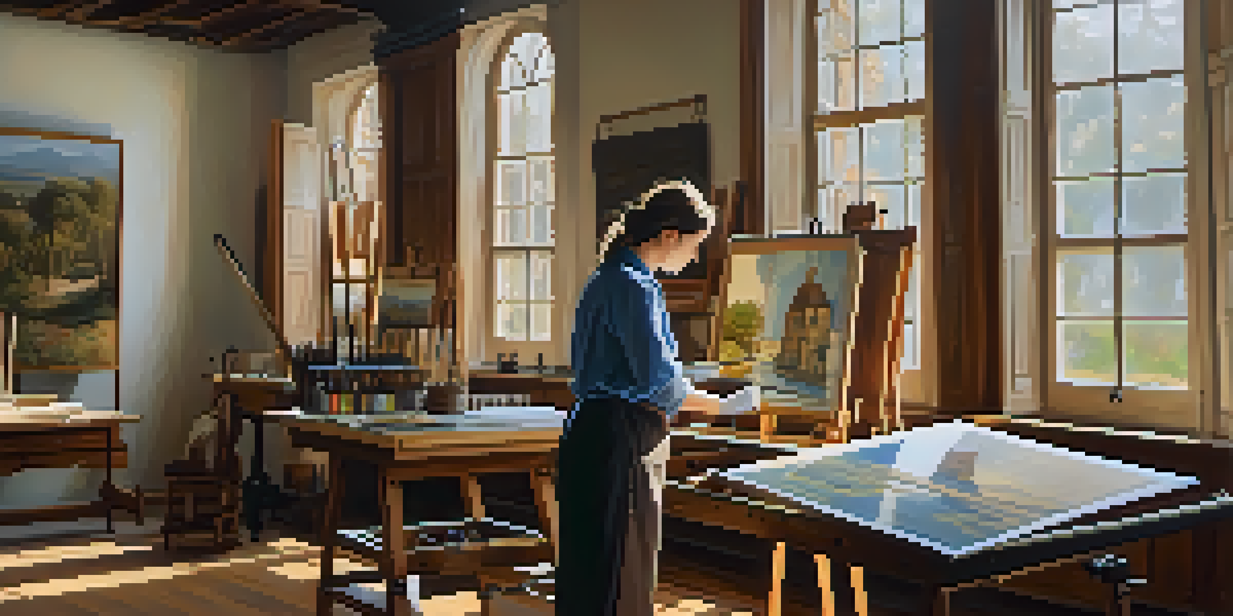 An art conservator in a bright studio examining a vintage painting with gloves on, surrounded by art supplies and natural light.