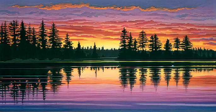 A stunning sunset with vibrant colors reflected on a calm lake, framed by silhouettes of trees.