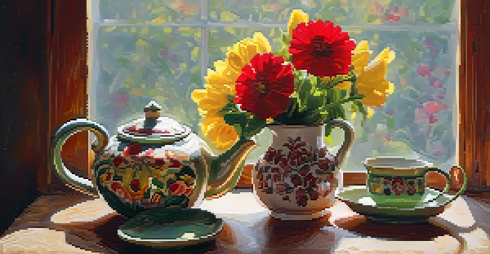 A vintage teapot with vibrant flowers in a ceramic vase on a rustic wooden table, illuminated by soft natural light.