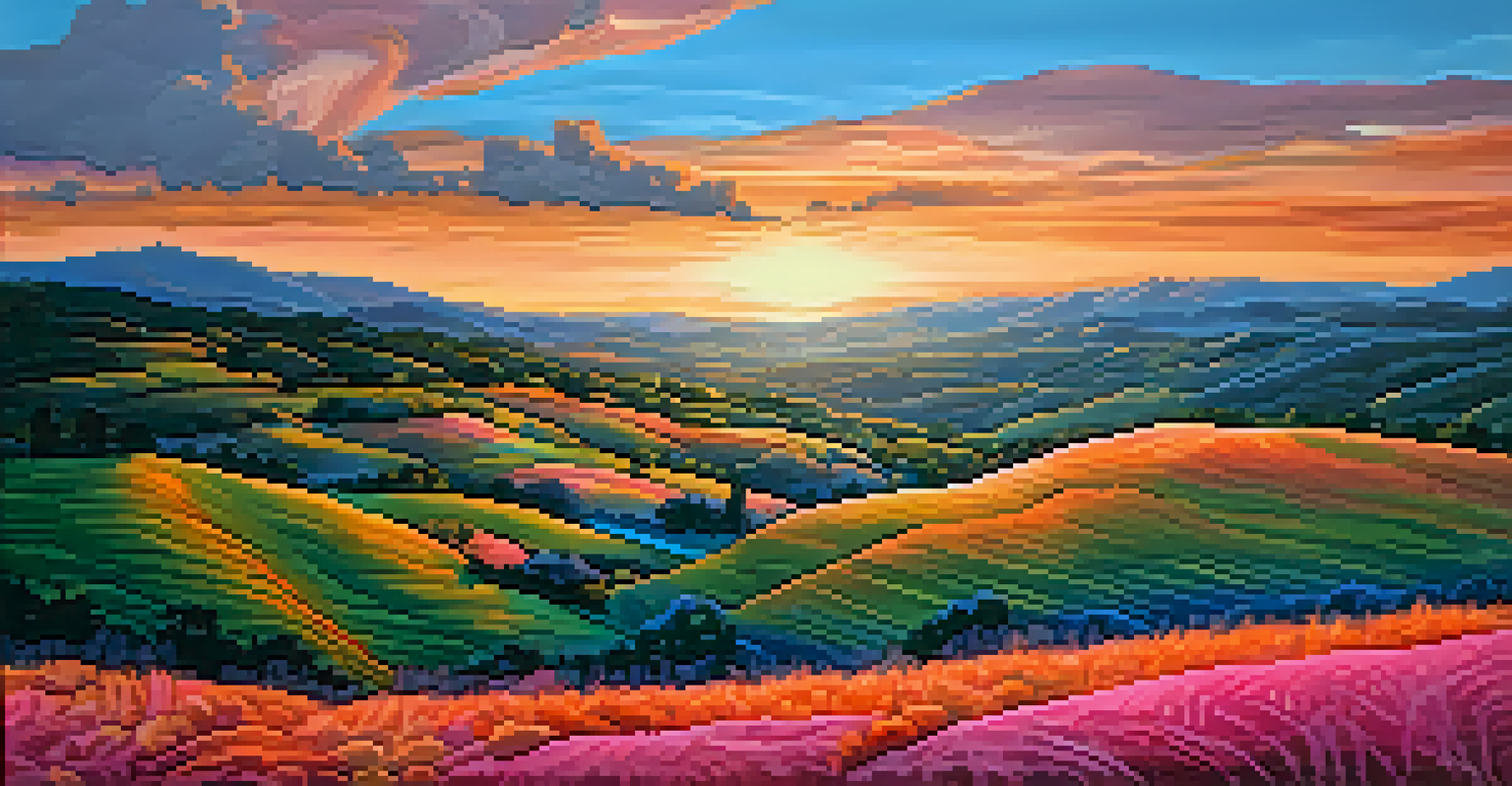 A vibrant impasto landscape painting with bold colors and textures depicting rolling hills under a sunset.