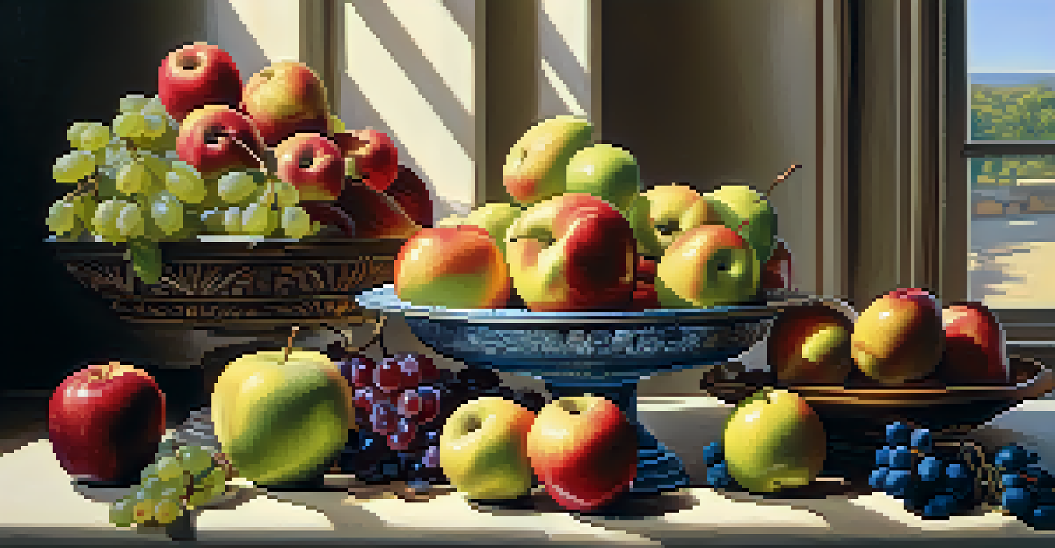 A vintage wooden table with an assortment of colorful fruits illuminated by soft light.