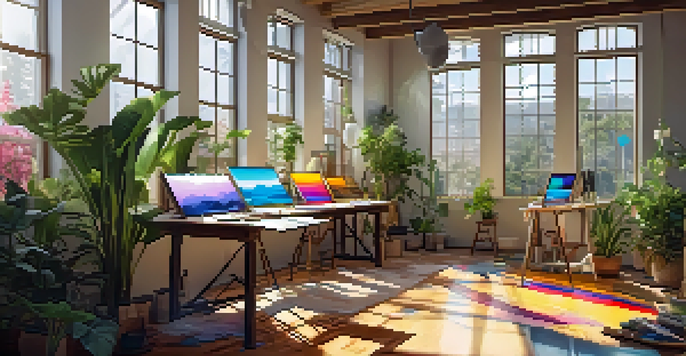 A bright and colorful digital art studio with canvases and paint supplies, illuminated by sunlight.