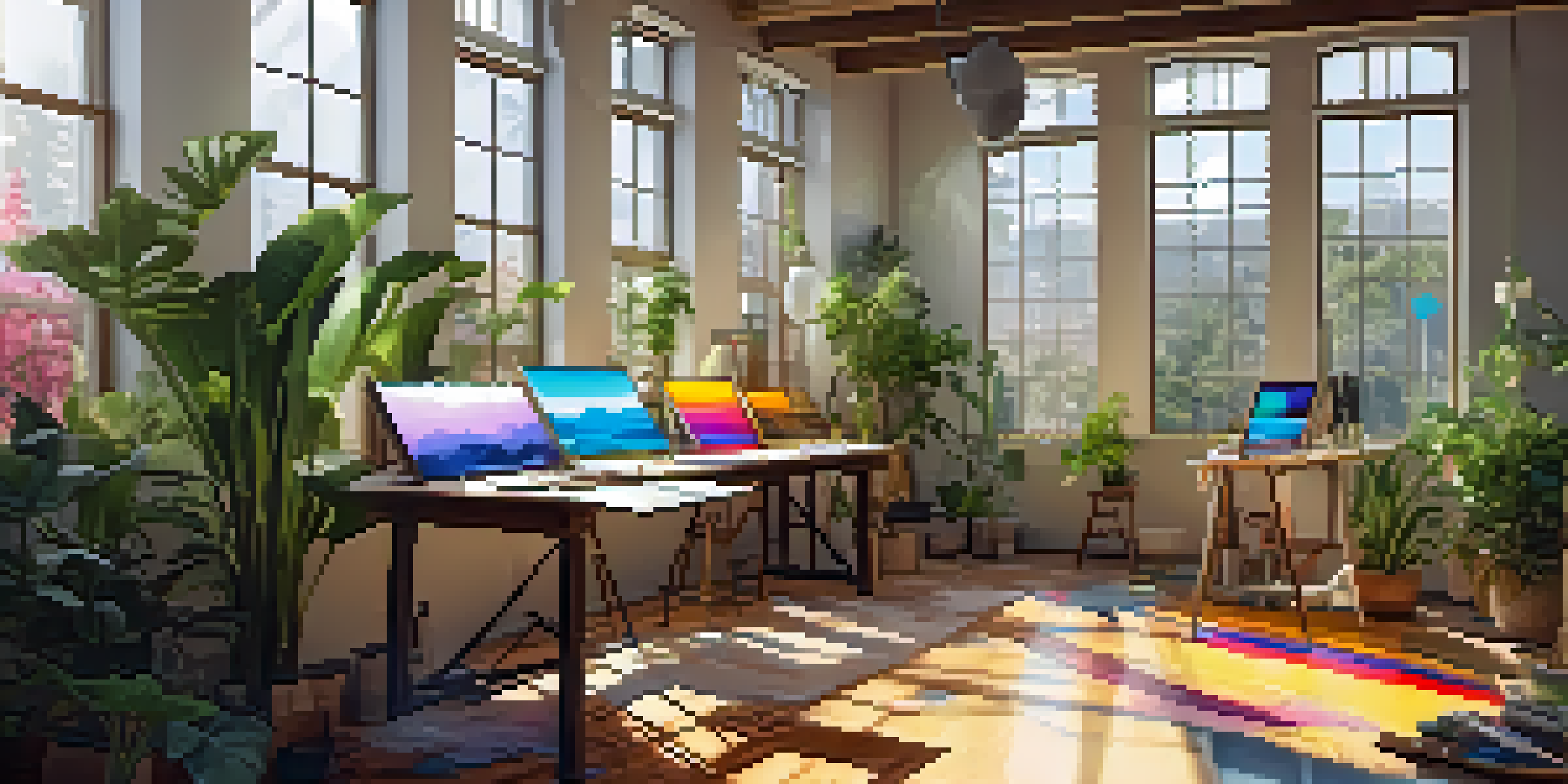 A bright and colorful digital art studio with canvases and paint supplies, illuminated by sunlight.