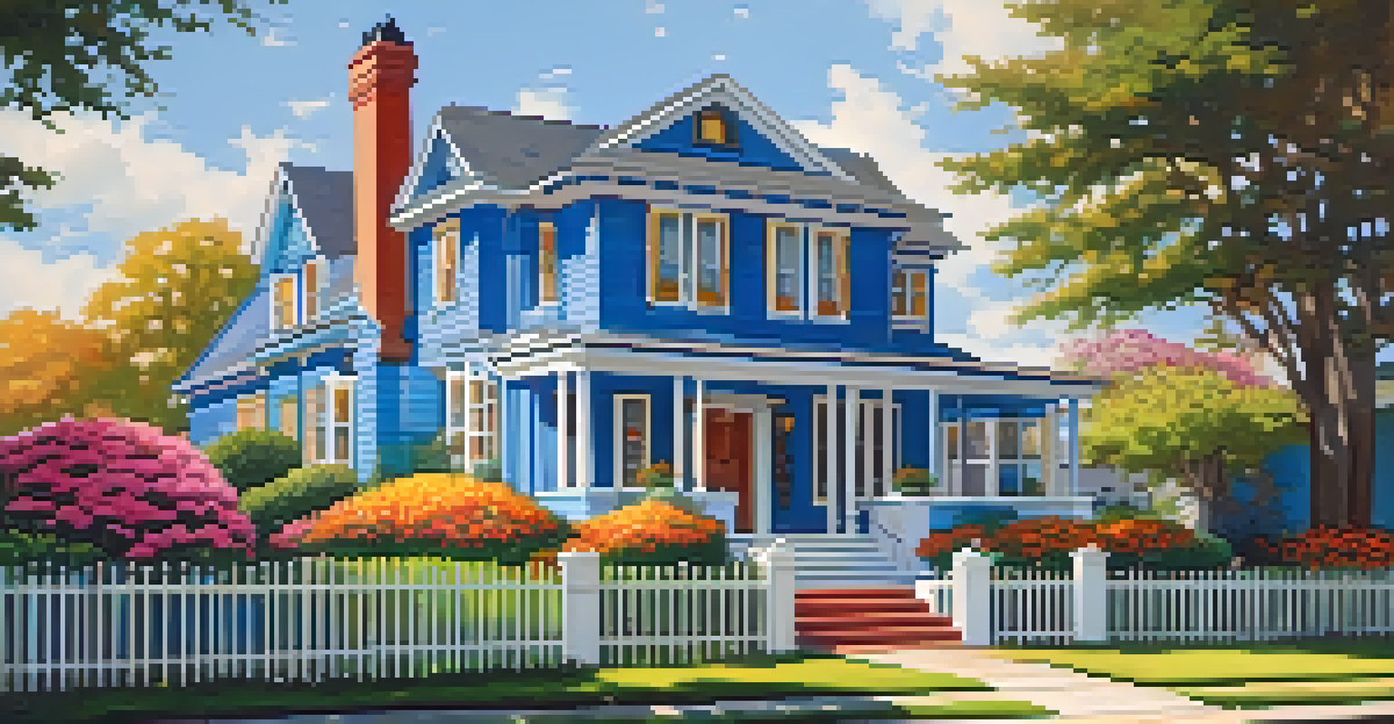 A charming house with vibrant blue exterior paint and gleaming white trim, surrounded by colorful flower beds.