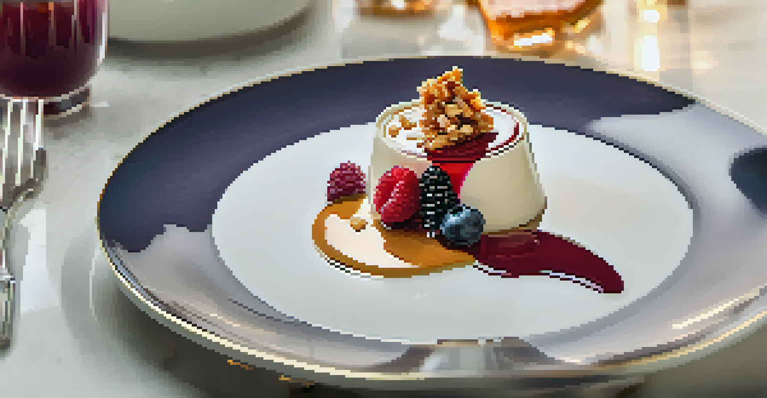 A classic panna cotta dessert topped with caramel brittle and berry coulis, elegantly presented on a white plate under soft lighting.