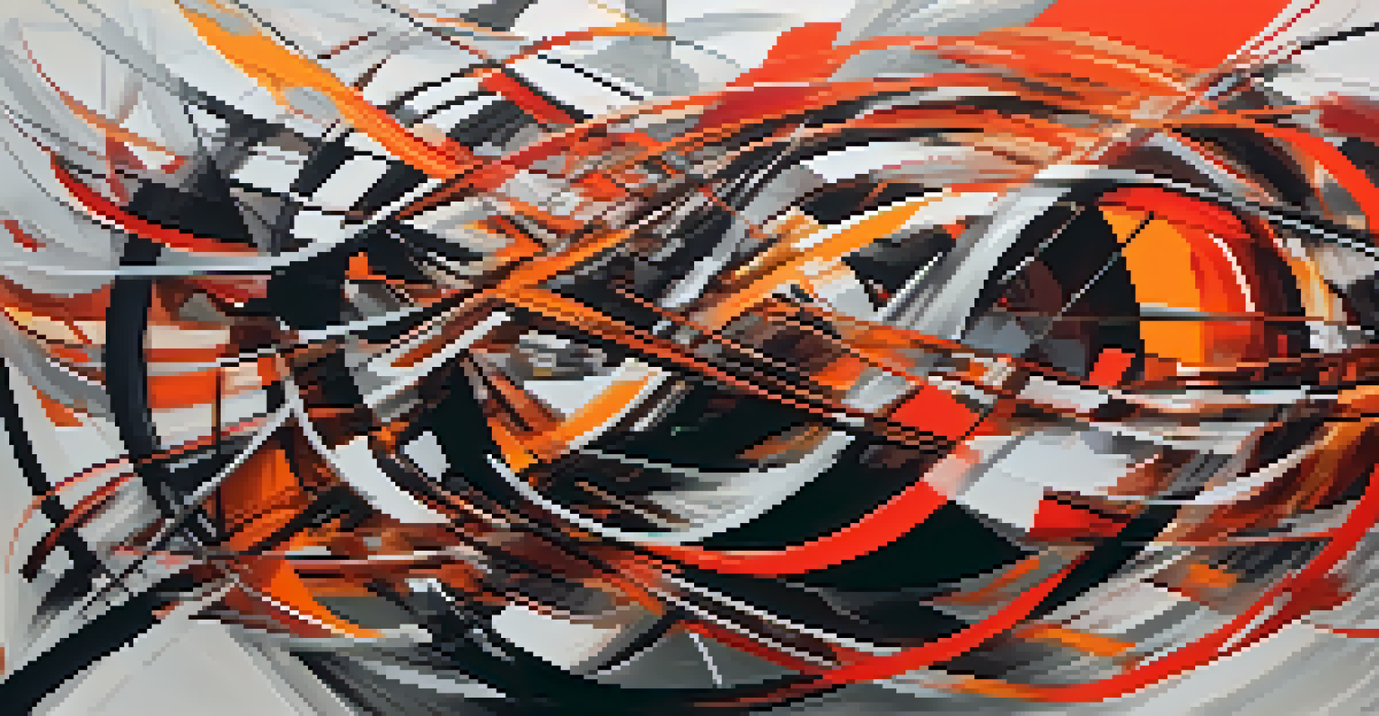 A dynamic abstract composition with chaotic lines and splashes of black, white, red, and orange, highlighting movement and emotion through light and shadow.