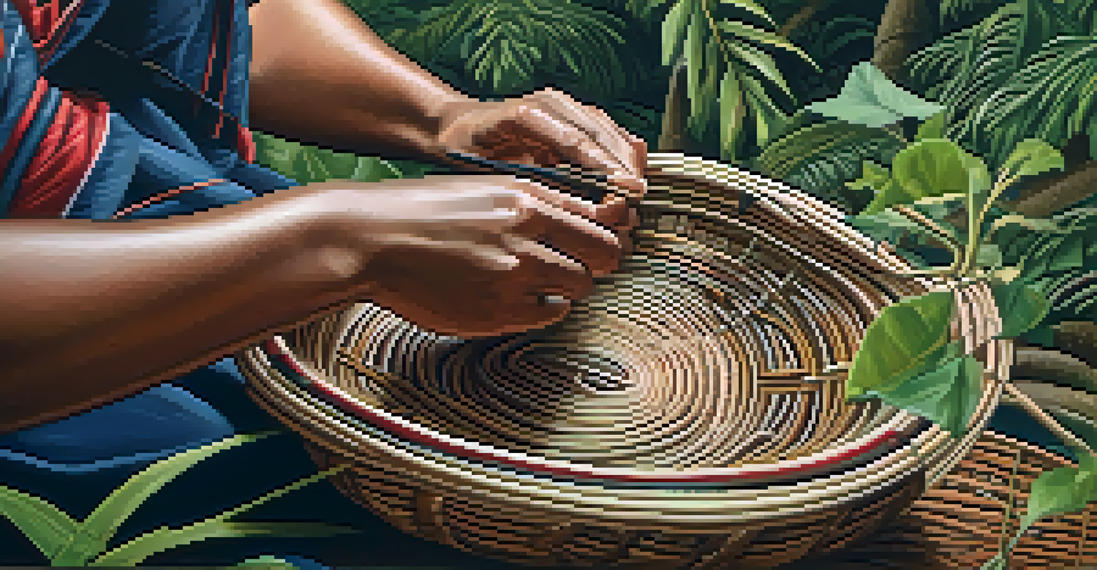 An Indigenous artist's hands weaving a basket from natural fibers, set against a green forest background.