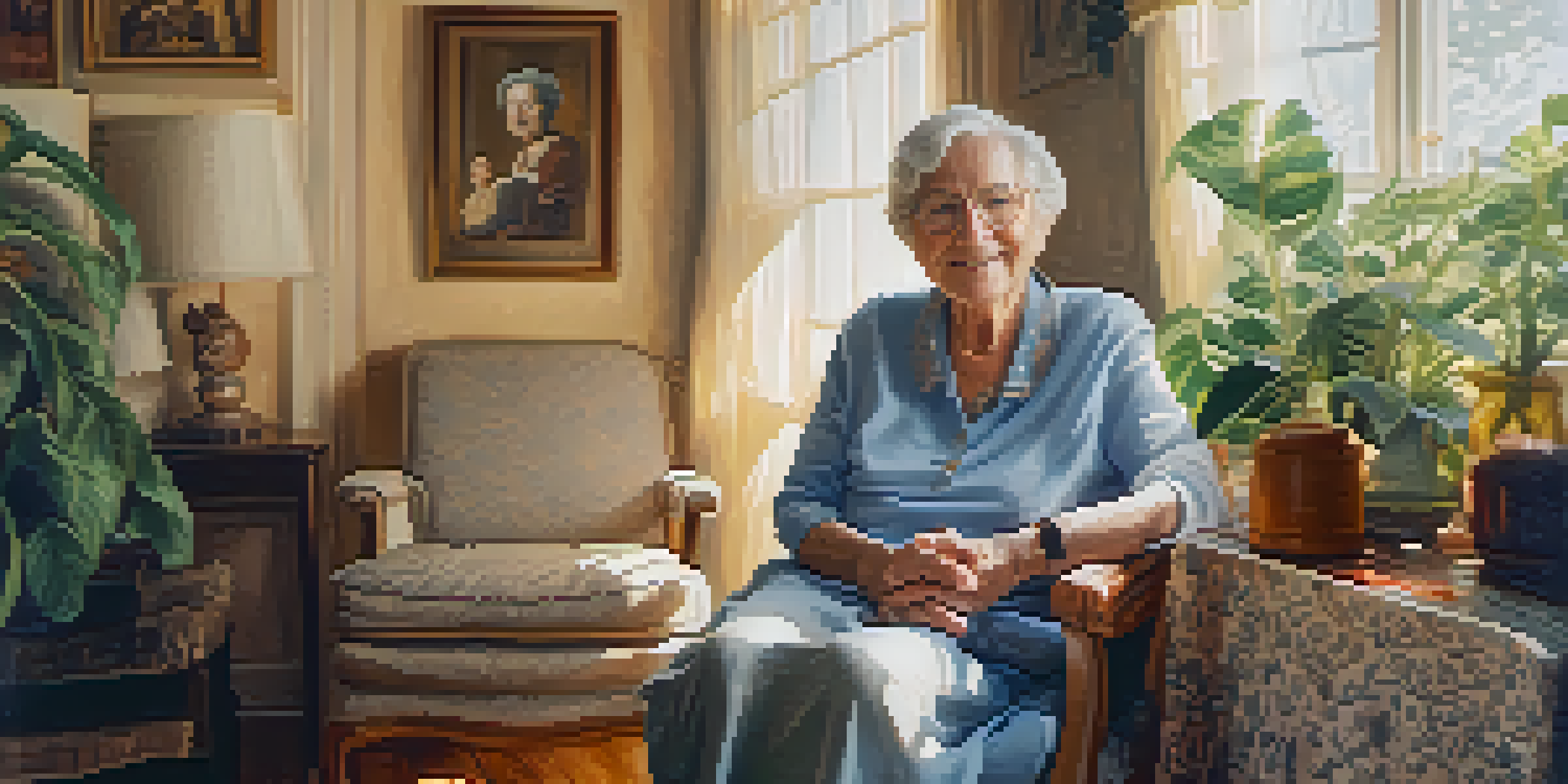 A warm portrait of an elderly woman in a sunlit room, surrounded by family photographs and plants, with gentle shadows on the floor.