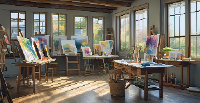 A bright and inviting art studio showcasing vibrant paintings by disabled artists, with natural light and a rustic wooden table.