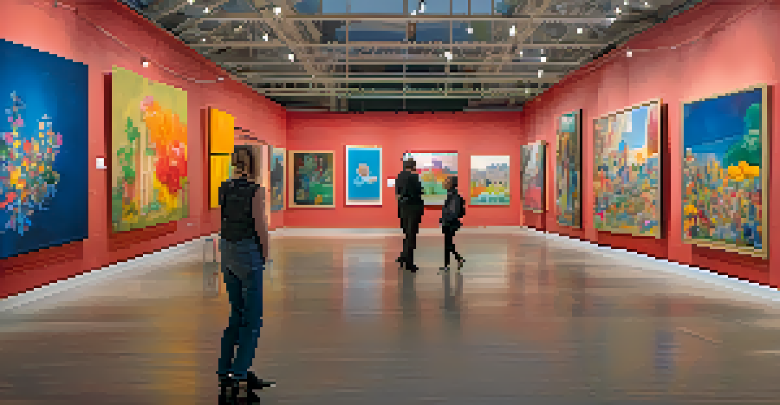 An exhibition displaying vibrant artworks by disabled artists, with an engaged audience appreciating the pieces.