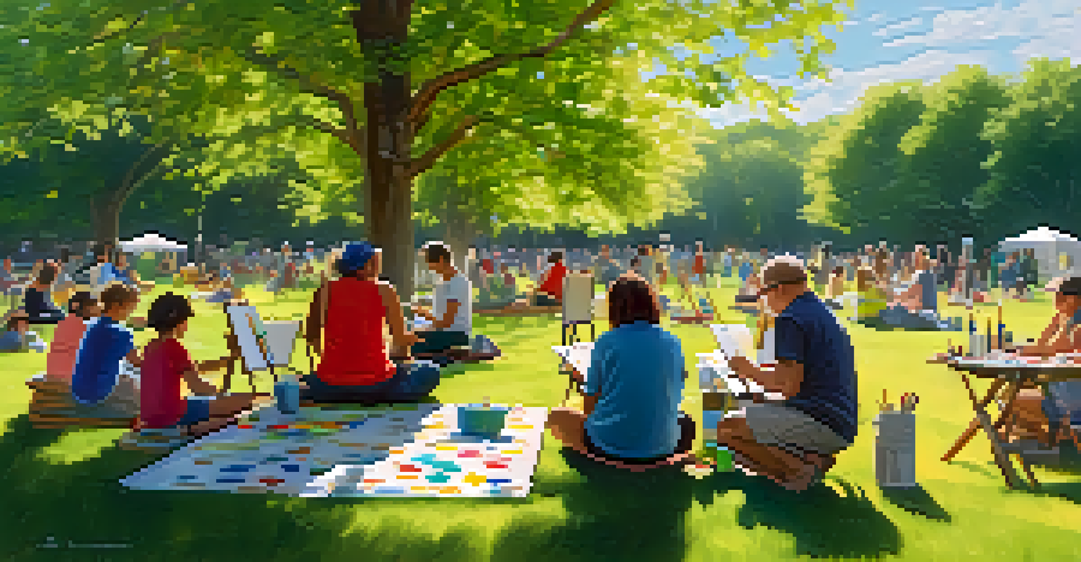 Families and individuals painting on easels in a sunny park, surrounded by trees and a picnic blanket with art supplies.