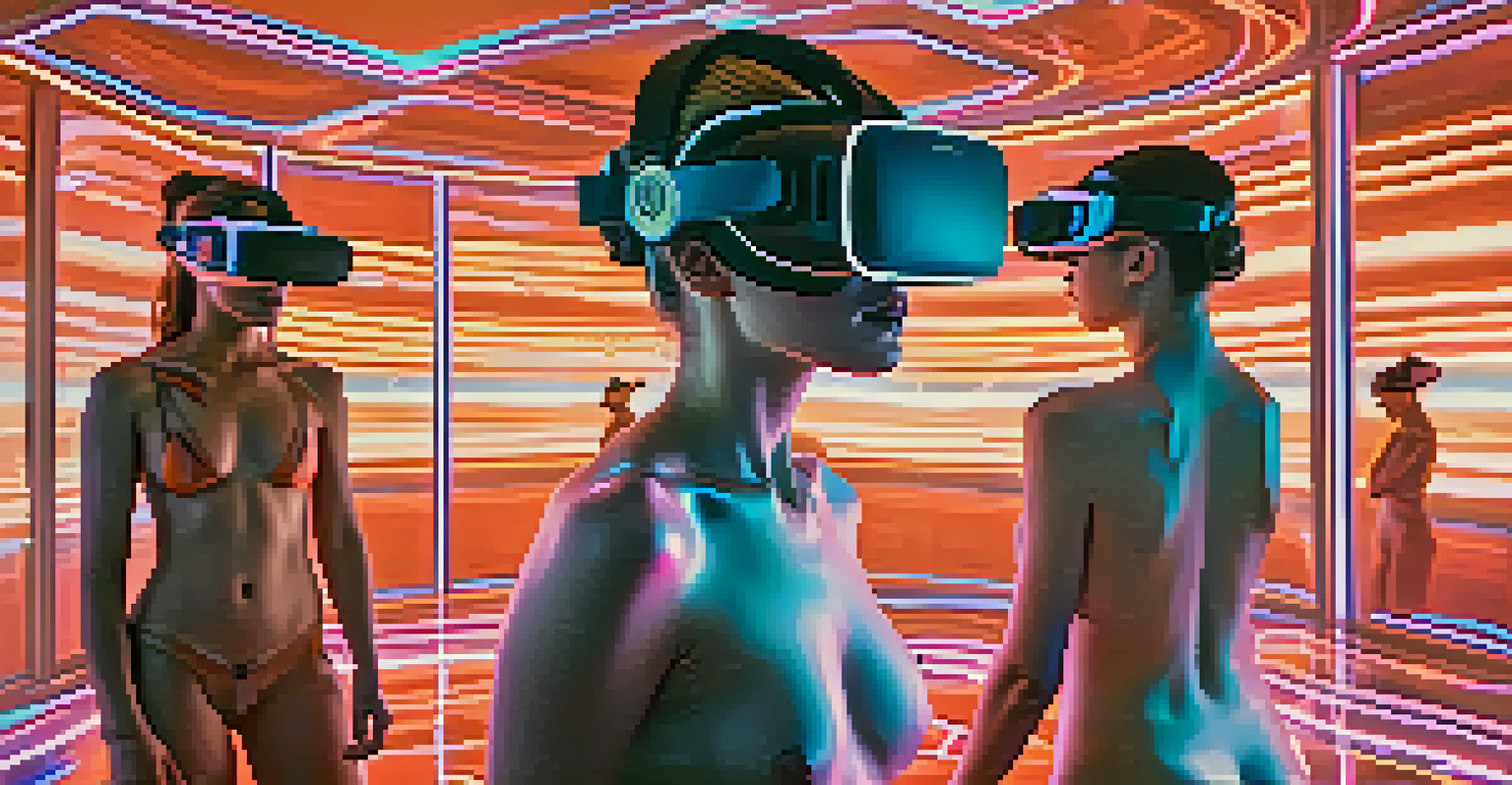 A virtual reality art exhibition featuring body-painted models in a futuristic gallery setting.