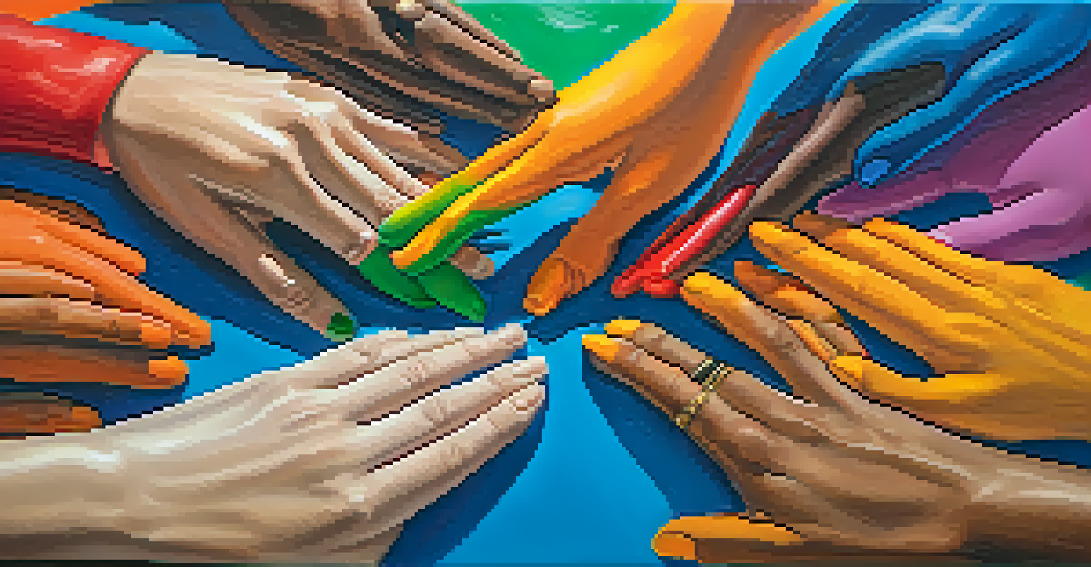Diverse hands collaborating on a large art canvas, covered in vibrant paint, symbolizing community unity.
