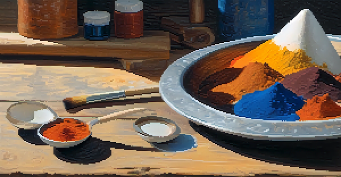 A close-up view of a palette with natural pigments on a wooden table, illuminated by soft sunlight.