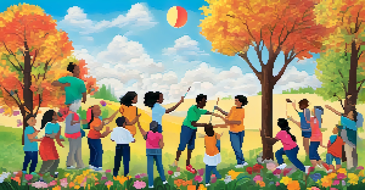 Students of different backgrounds working together on a colorful mural, depicting a joyful landscape.