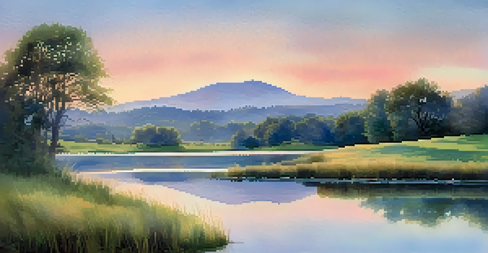 A watercolor landscape with a colorful sky and gentle hills, featuring a tranquil pond.