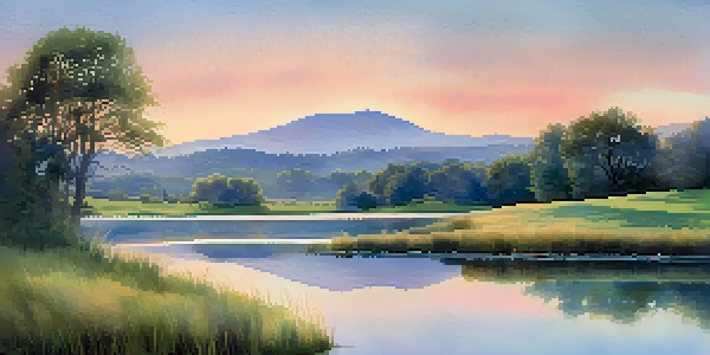 A watercolor landscape with a colorful sky and gentle hills, featuring a tranquil pond.
