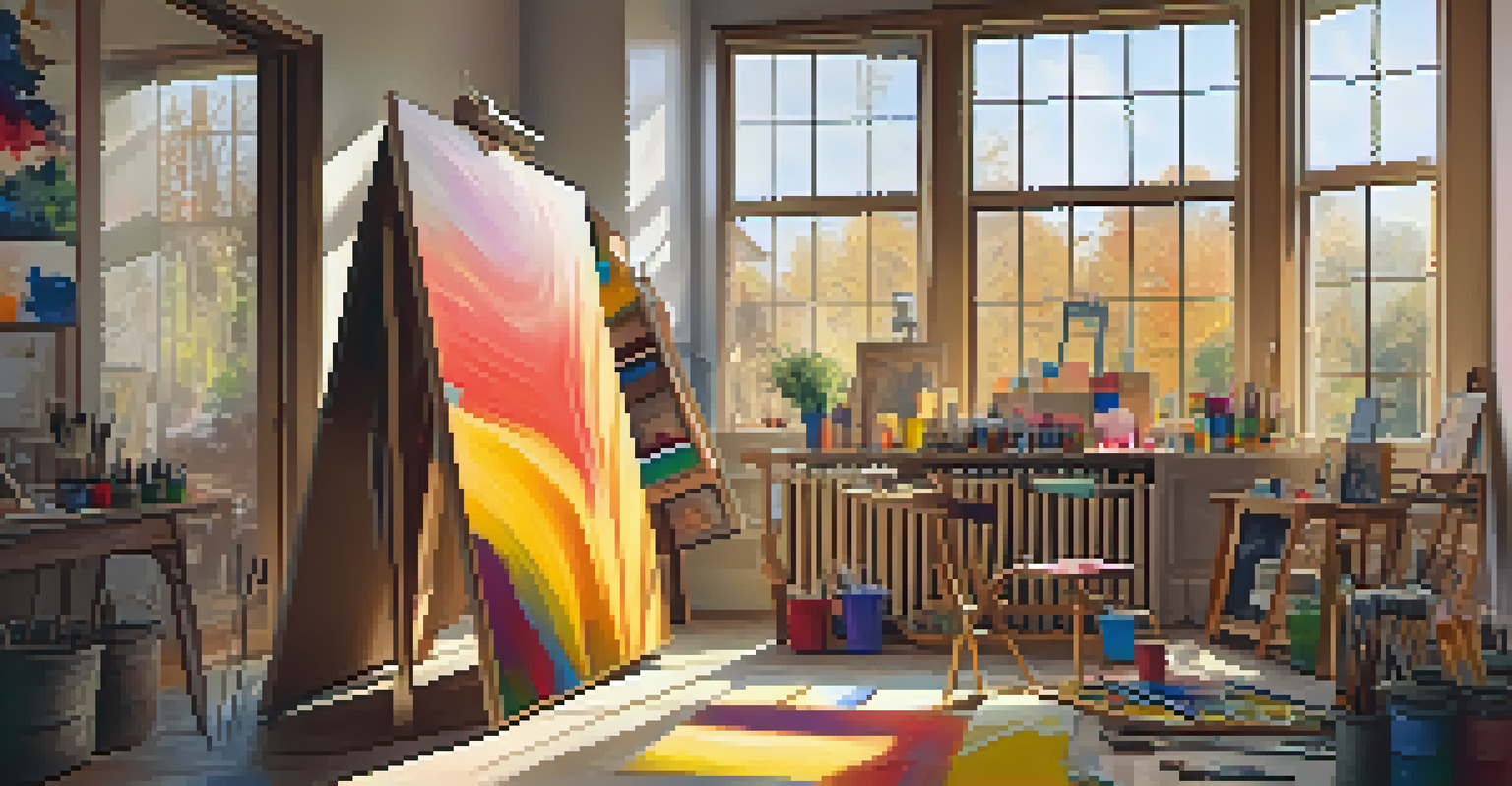 An artist's studio with colorful art supplies and a canvas showing an abstract painting, illuminated by golden sunlight.