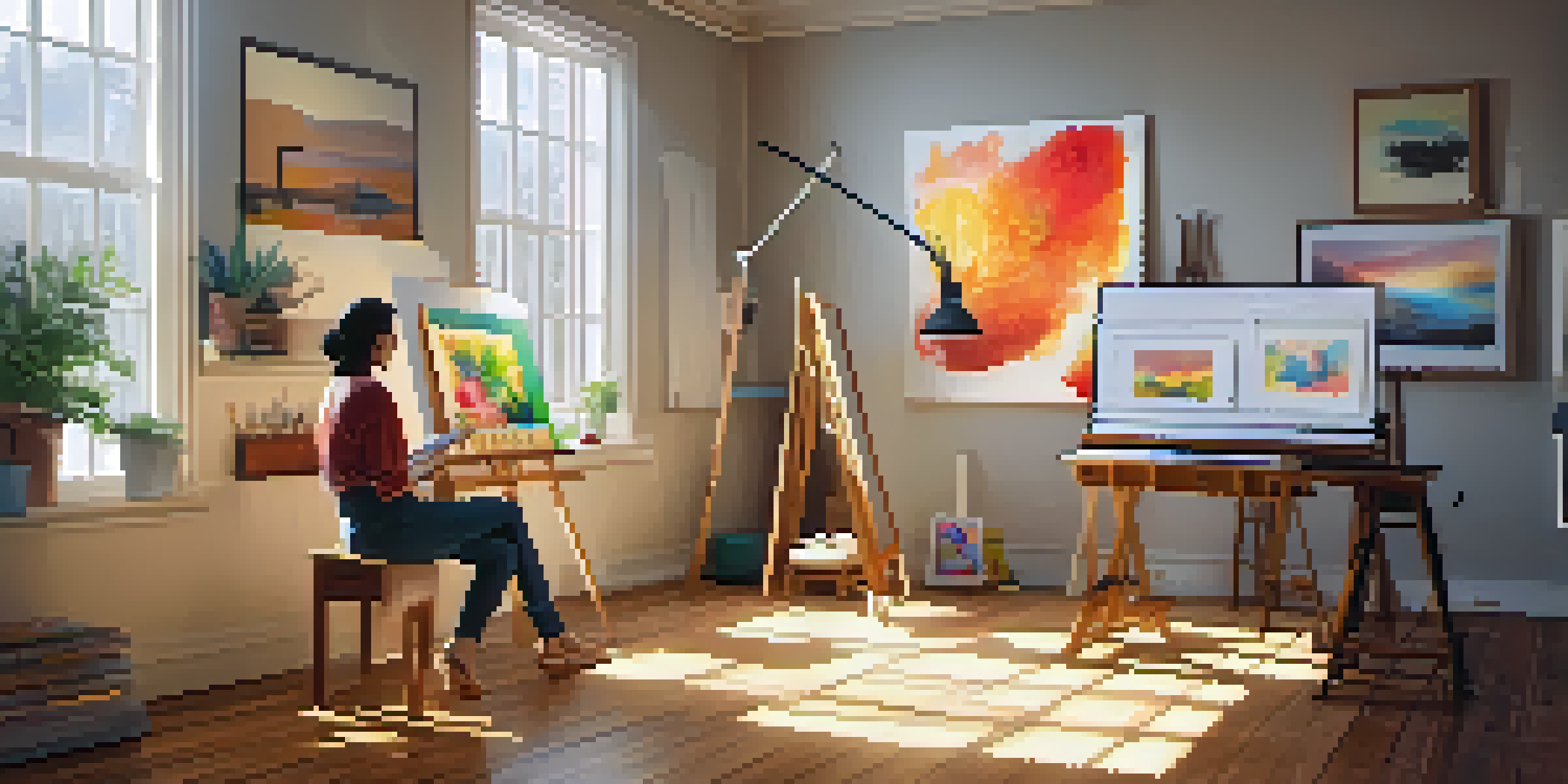 An artist in a studio collaborating with an AI interface on a digital tablet, surrounded by canvases and brushes, illuminated by soft natural light.