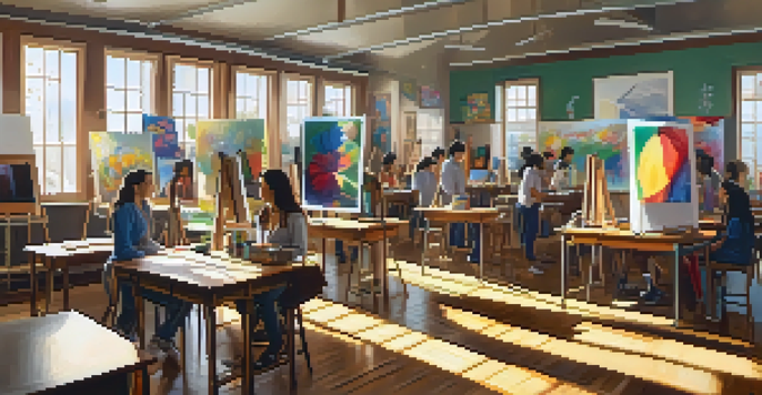 A lively art classroom with students painting on easels, surrounded by colorful artworks and sunlight streaming through windows.