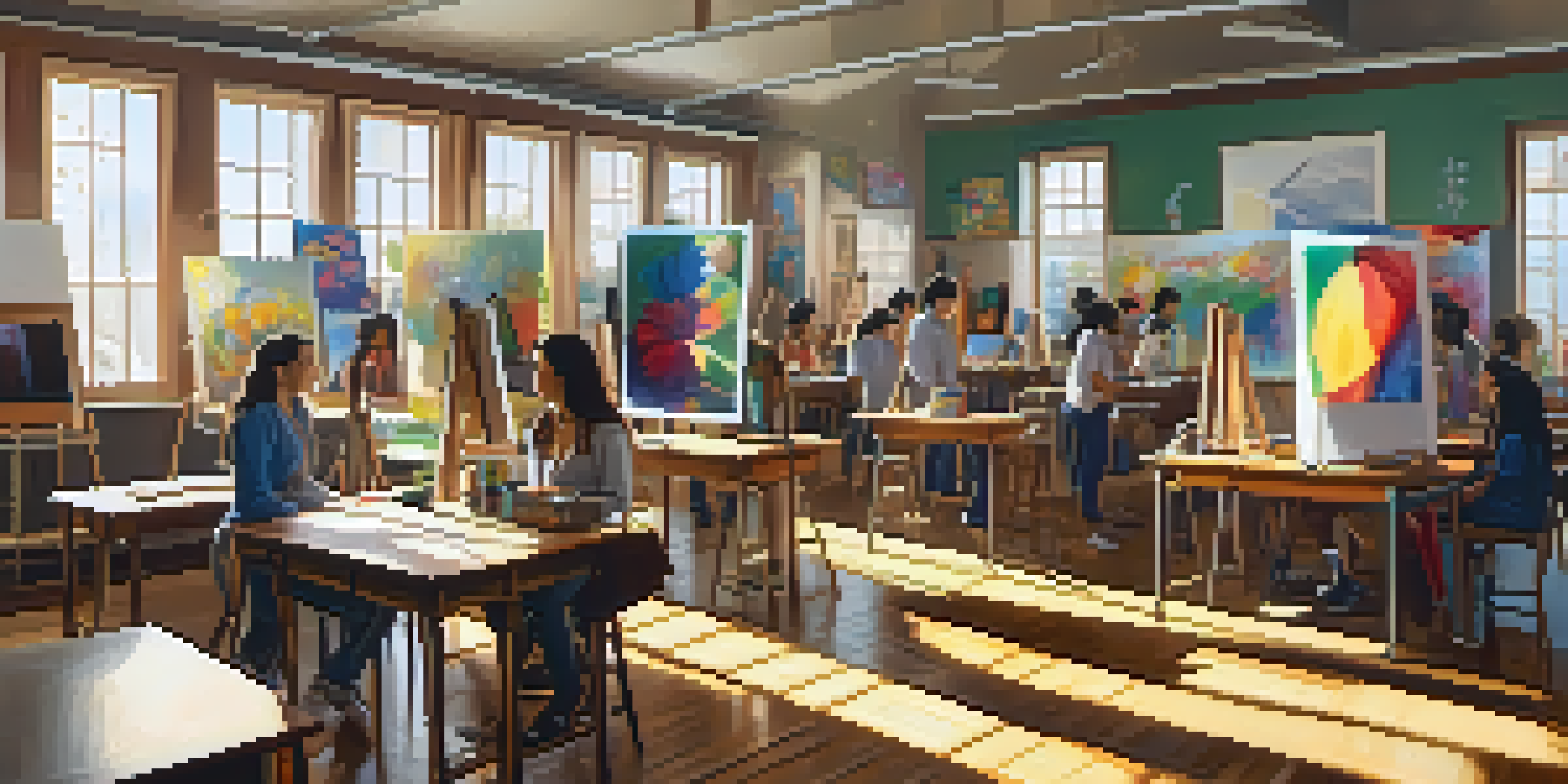 A lively art classroom with students painting on easels, surrounded by colorful artworks and sunlight streaming through windows.