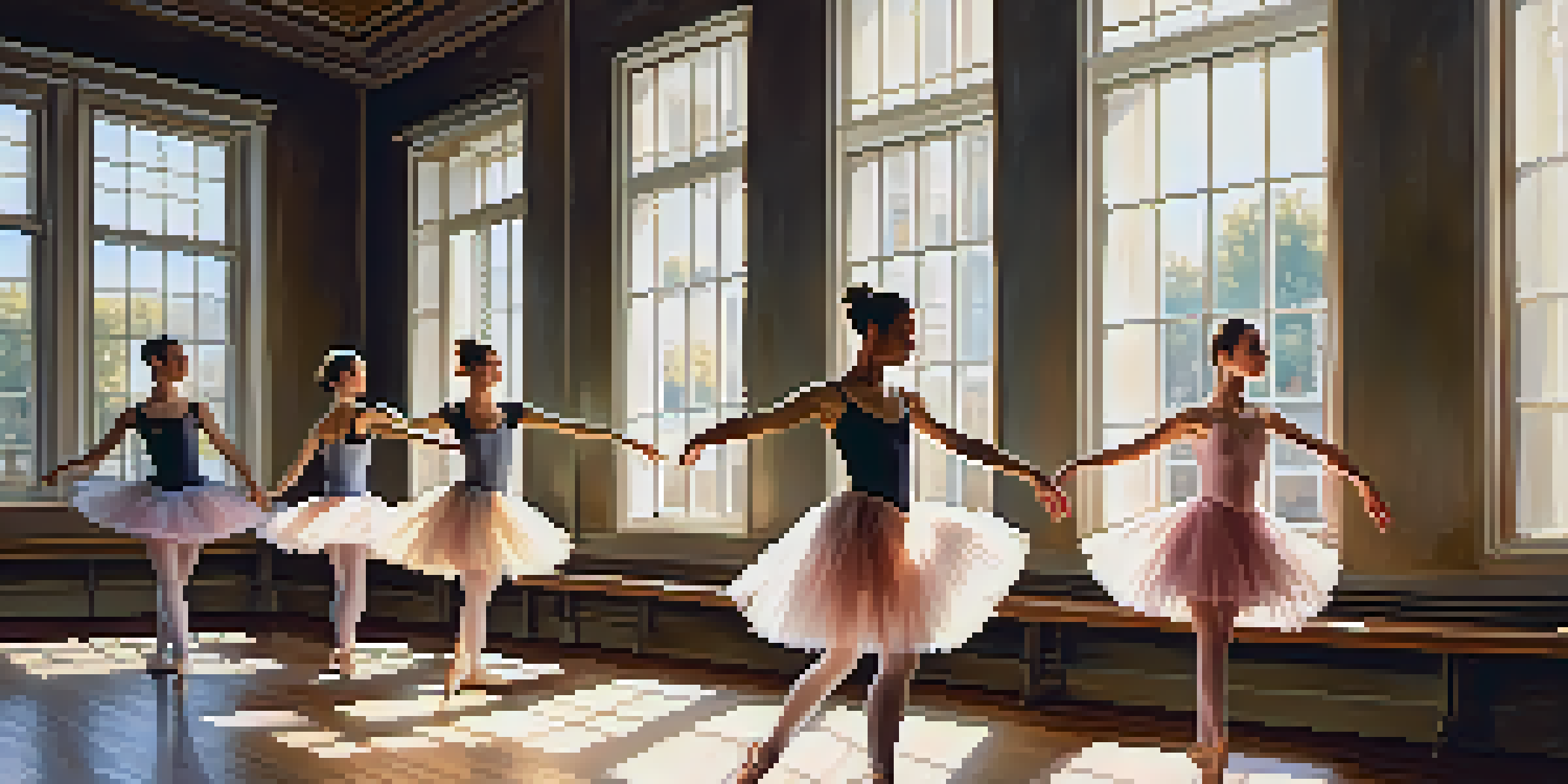 A lively ballet class with dancers in pastel tutus practicing in a sunlit studio.