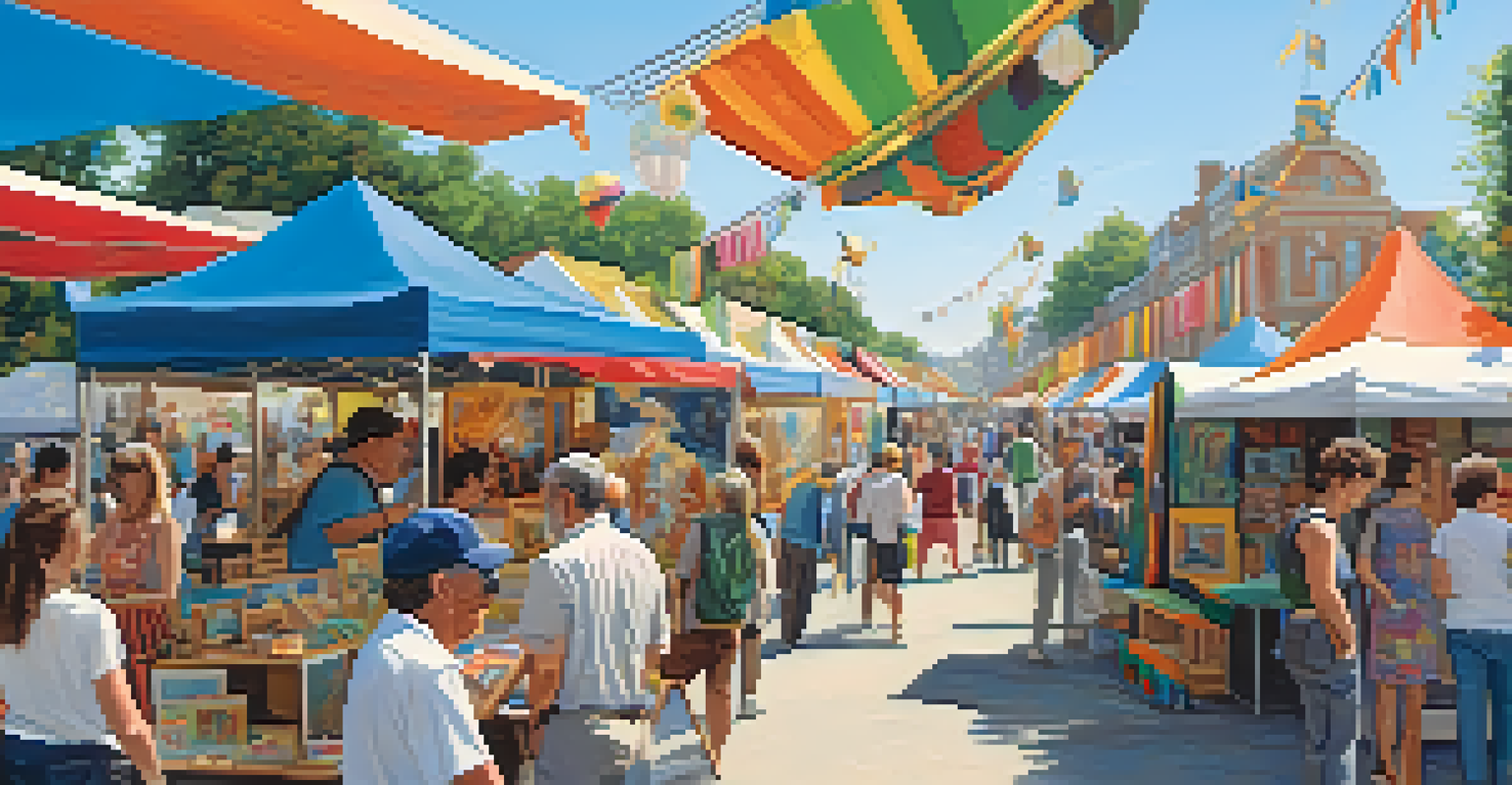 A vibrant outdoor art fair with artists displaying colorful artworks and visitors exploring the stalls under a sunny sky.