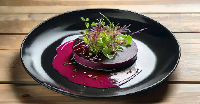 A gourmet dish with vibrant colors, featuring a beet puree base, microgreens, and a drizzle of balsamic reduction on a white plate.