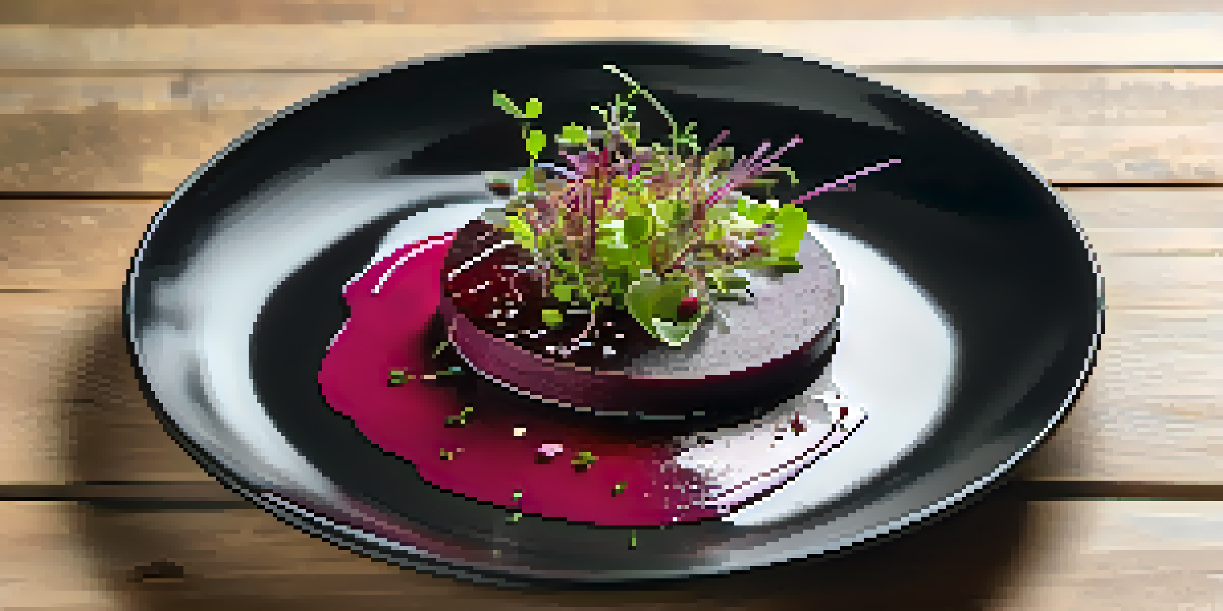 A gourmet dish with vibrant colors, featuring a beet puree base, microgreens, and a drizzle of balsamic reduction on a white plate.