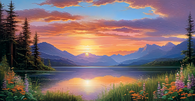A picturesque landscape with a sunset over a lake, surrounded by mountains and greenery, capturing an emotional and tranquil atmosphere.