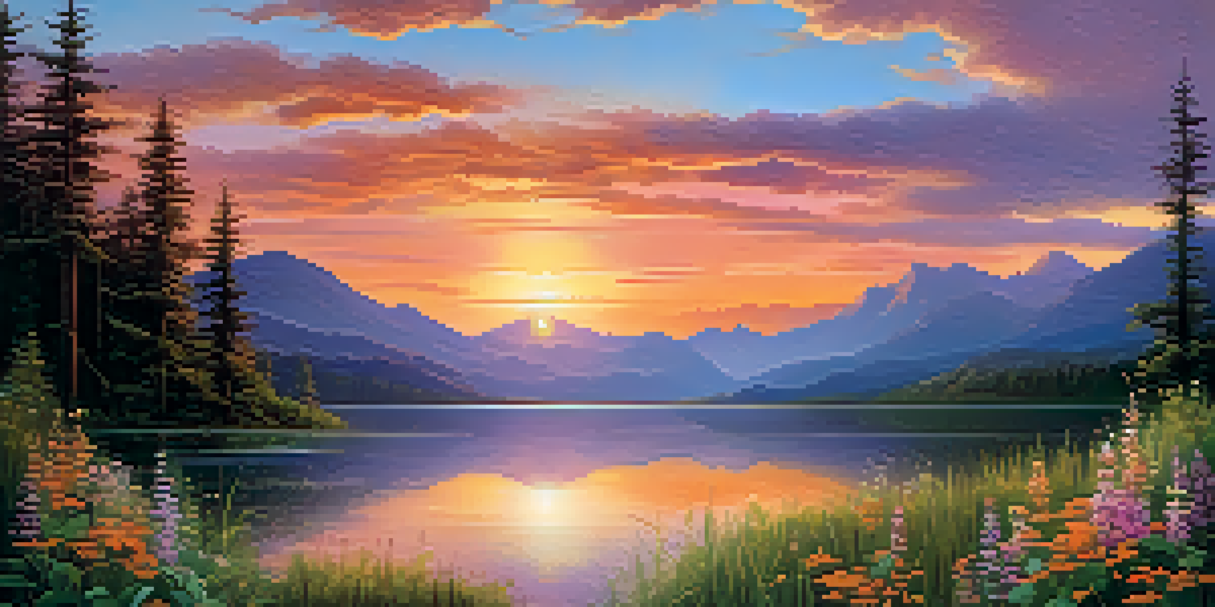 A picturesque landscape with a sunset over a lake, surrounded by mountains and greenery, capturing an emotional and tranquil atmosphere.