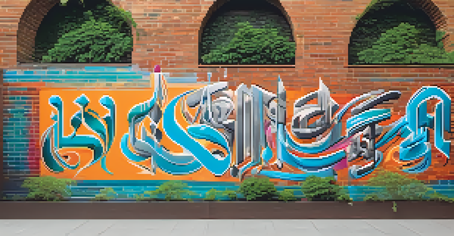 A colorful mural of Islamic calligraphy styles on a brick wall, surrounded by green plants, representing cultural fusion.