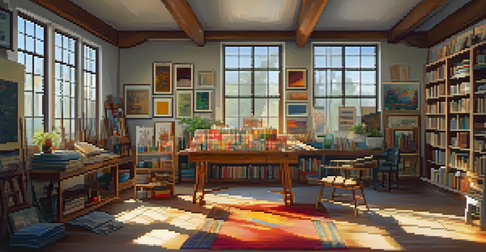 An art studio with cultural artifacts, art supplies, and a colorful canvas illuminated by sunlight.