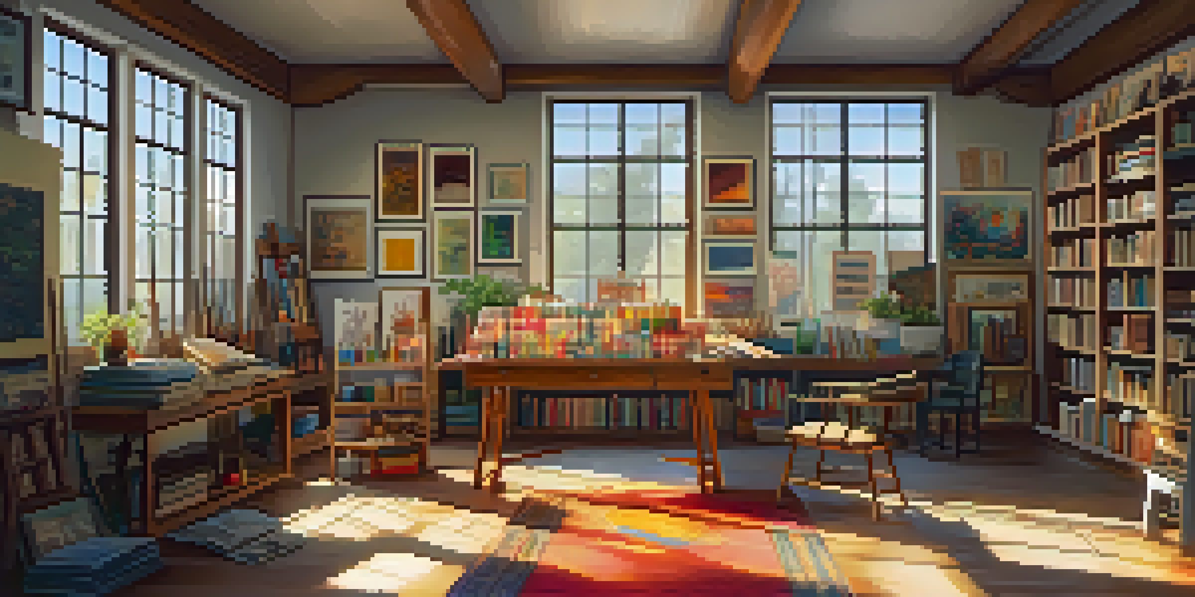 An art studio with cultural artifacts, art supplies, and a colorful canvas illuminated by sunlight.
