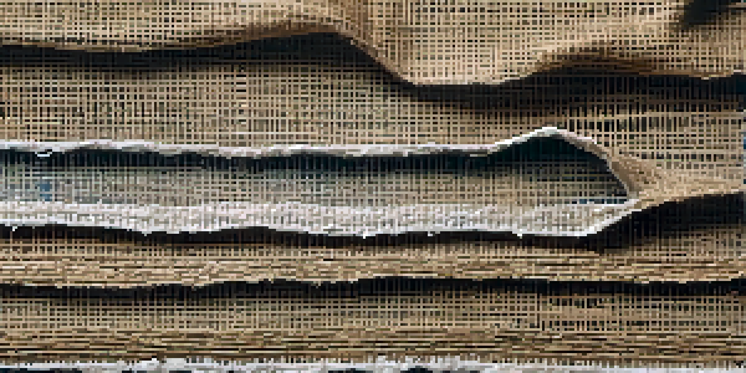 A close-up view of a mixed media artwork displaying burlap, acrylic paint, and found objects, with contrasting textures illuminated by soft lighting.