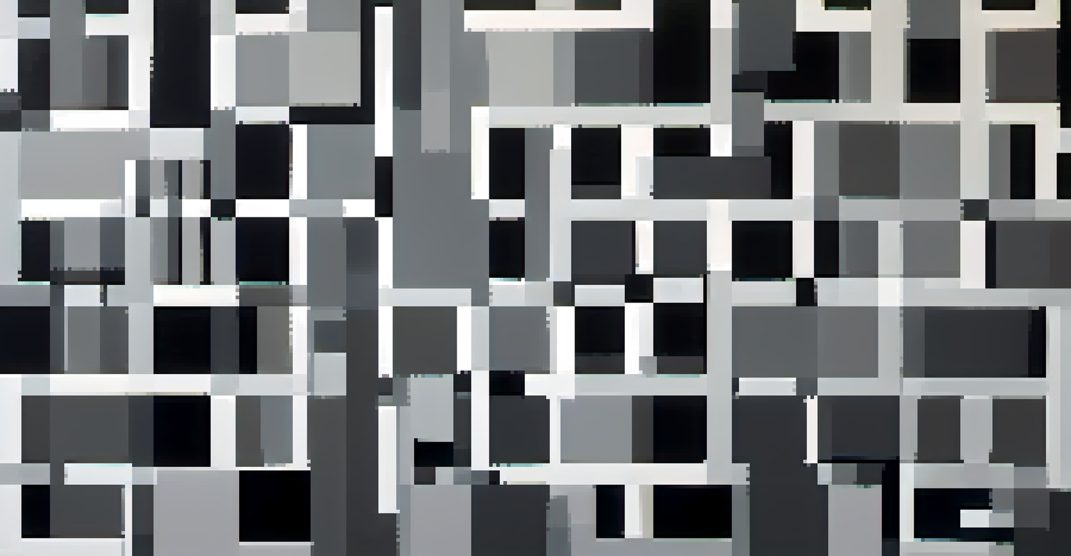 A minimalist abstract artwork with overlapping geometric shapes in a monochromatic color scheme, highlighted by dramatic lighting and shadows.